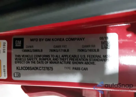 2019 Chevrolet Spark 1Lt Cvt z USA, uszkodzony, nr VIN KL8CD6SA0KC727675